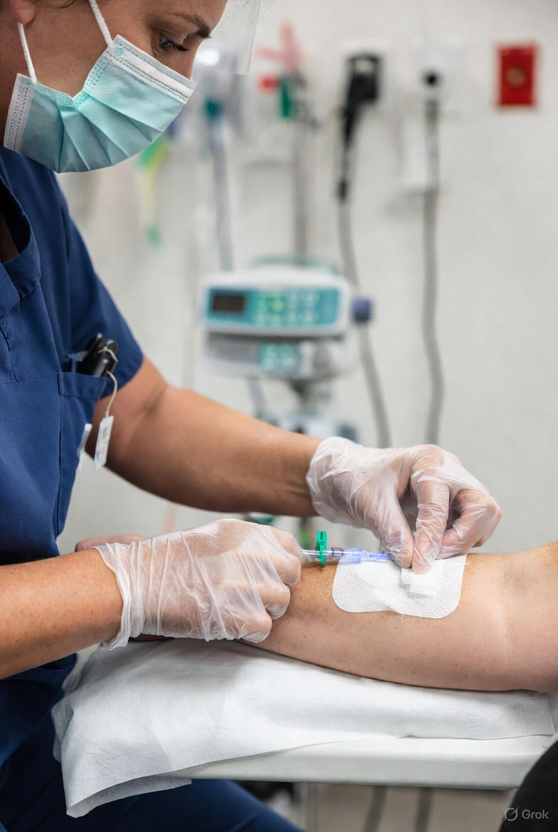 Infirmière préparant du matériel stérile pour PICC line